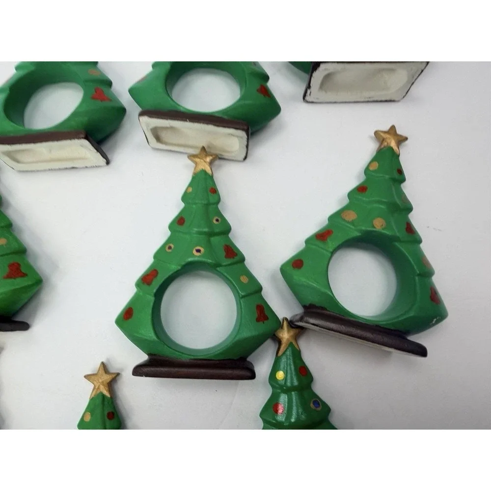 Hand painted Ceramic Christmas Tree Napkin Ring Holder Holiday Home Decor Lot 12